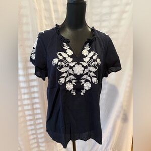 Talbots Dark Blue Blouse with White Floral Embroidery